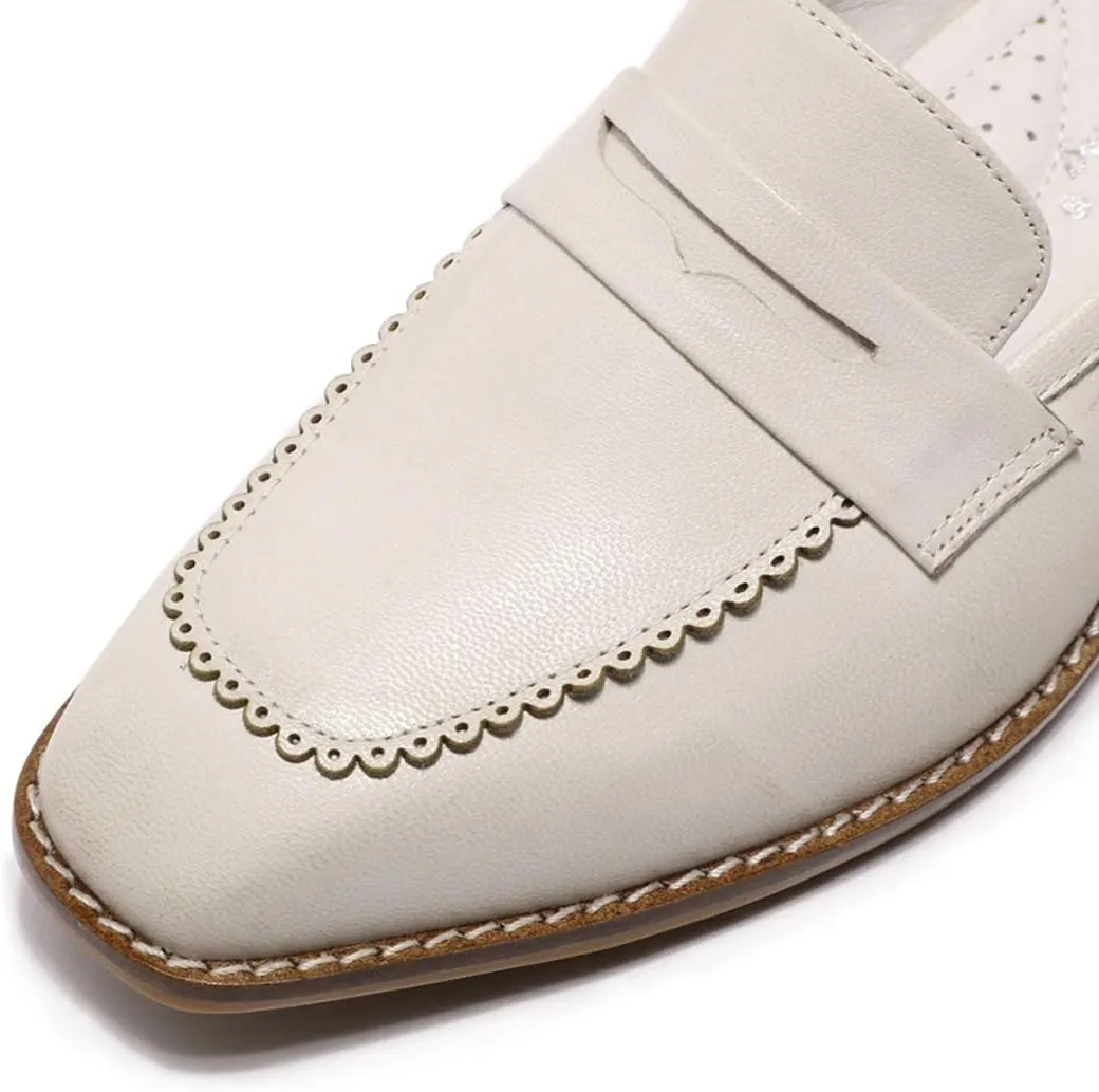 Mona flying Women's Top Leather Square Toe Penny Loafer Dress Casual Slip on Flat Office Work Shoes for Ladies