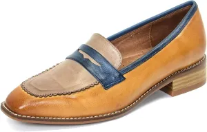 Mona flying Women's Top Leather Square Toe Penny Loafer Dress Casual Slip on Flat Office Work Shoes for Ladies
