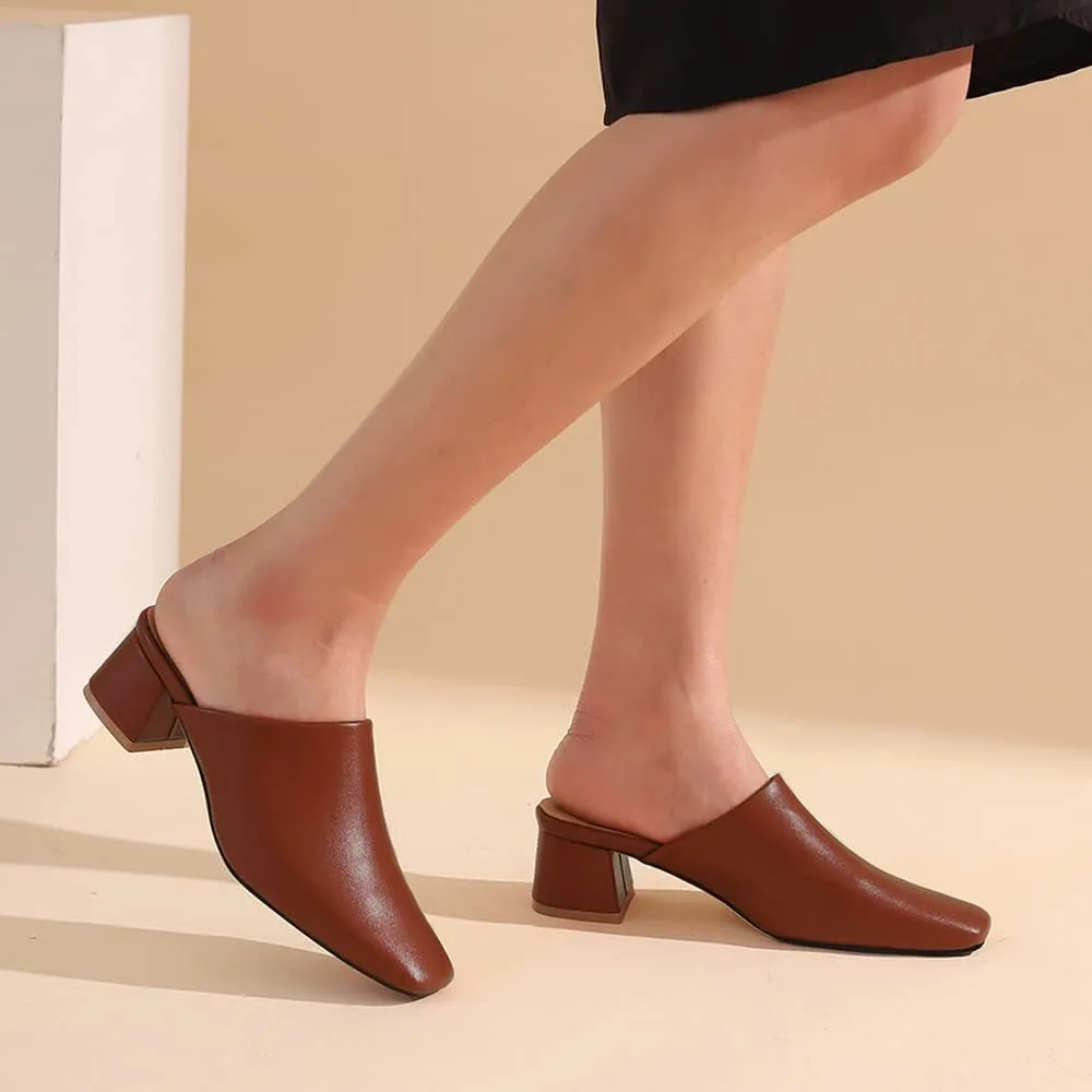MOOMMO Women Chunky Heel Mules Closed Toe Square Toe Slip On Backless Pumps Mid Block Heel Office Casual Dress Shoes 5-17 US