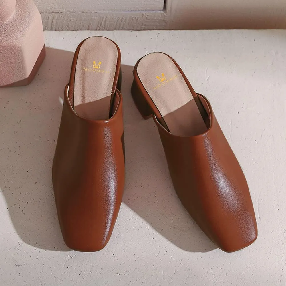 MOOMMO Women Chunky Heel Mules Closed Toe Square Toe Slip On Backless Pumps Mid Block Heel Office Casual Dress Shoes 5-17 US