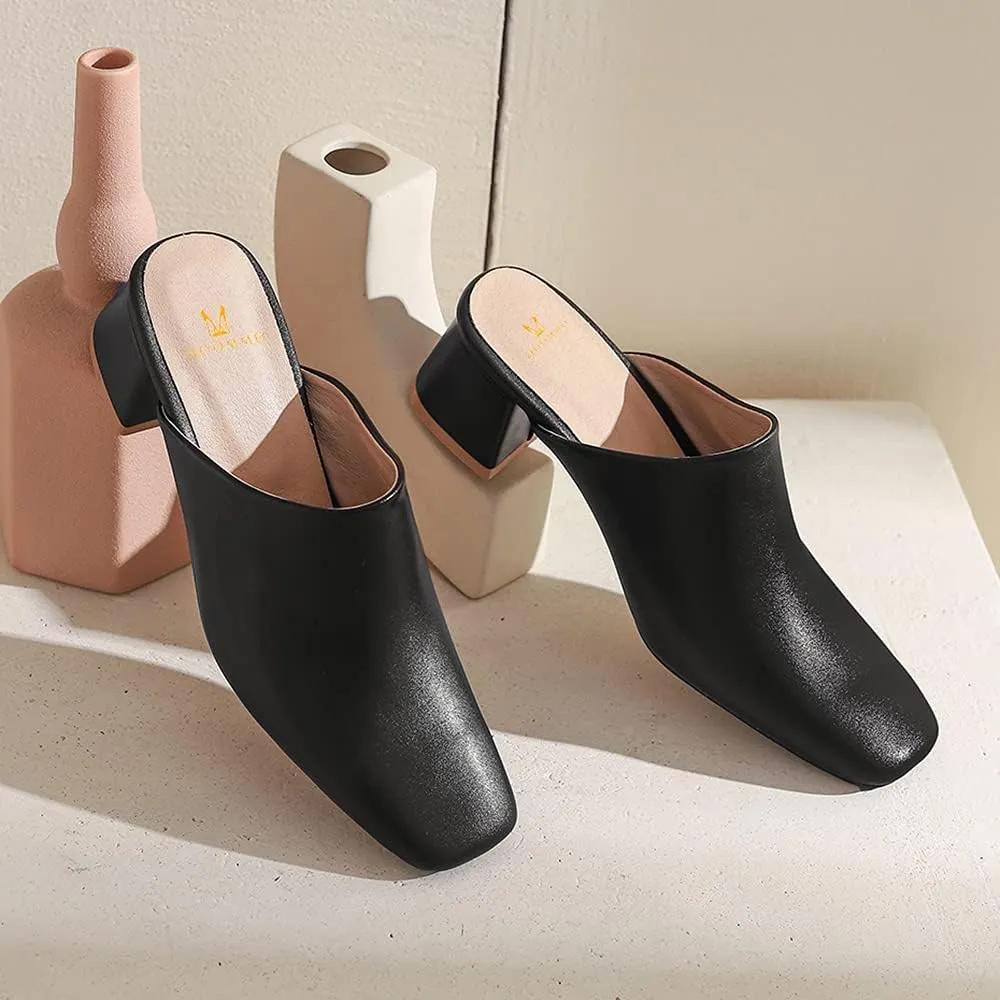 MOOMMO Women Chunky Heel Mules Closed Toe Square Toe Slip On Backless Pumps Mid Block Heel Office Casual Dress Shoes 5-17 US