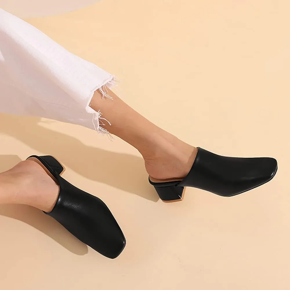 MOOMMO Women Chunky Heel Mules Closed Toe Square Toe Slip On Backless Pumps Mid Block Heel Office Casual Dress Shoes 5-17 US