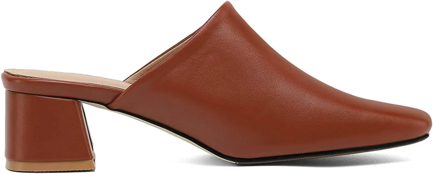 MOOMMO Women Chunky Heel Mules Closed Toe Square Toe Slip On Backless Pumps Mid Block Heel Office Casual Dress Shoes 5-17 US