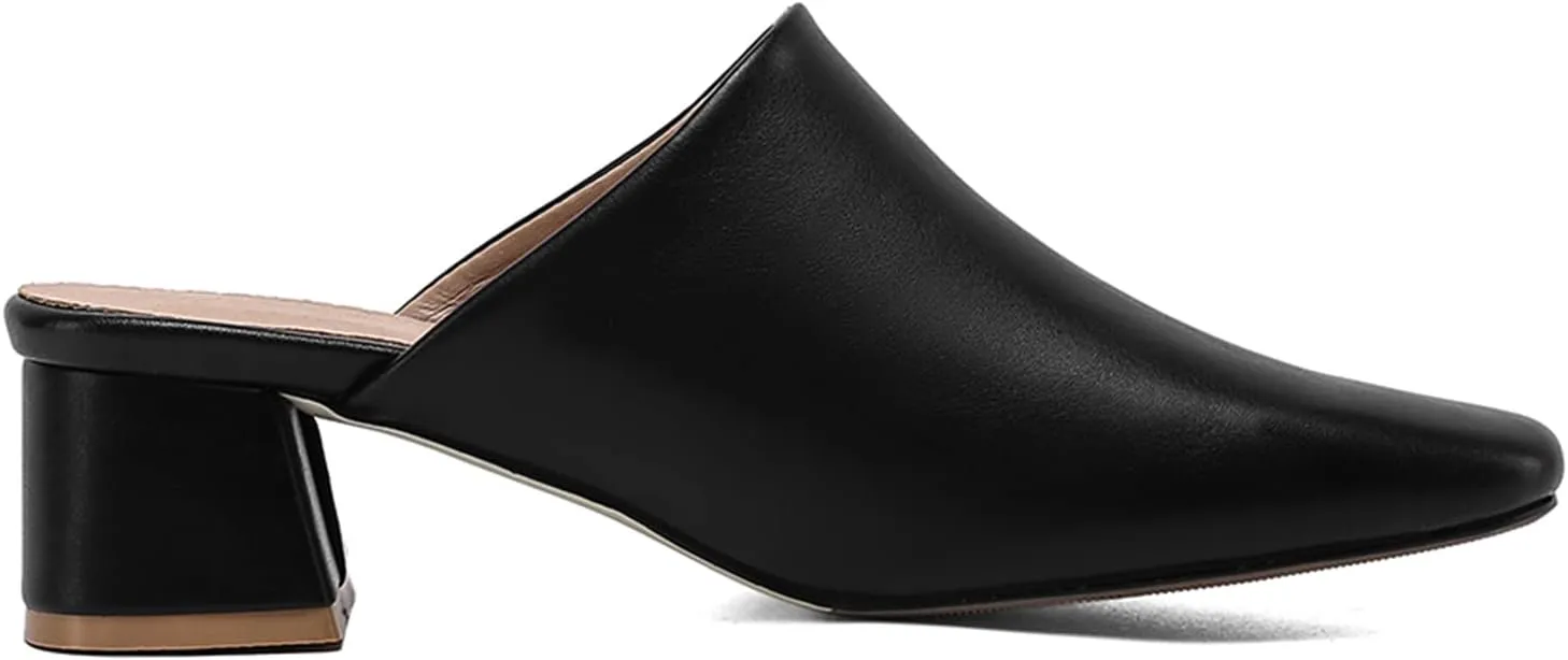 MOOMMO Women Chunky Heel Mules Closed Toe Square Toe Slip On Backless Pumps Mid Block Heel Office Casual Dress Shoes 5-17 US