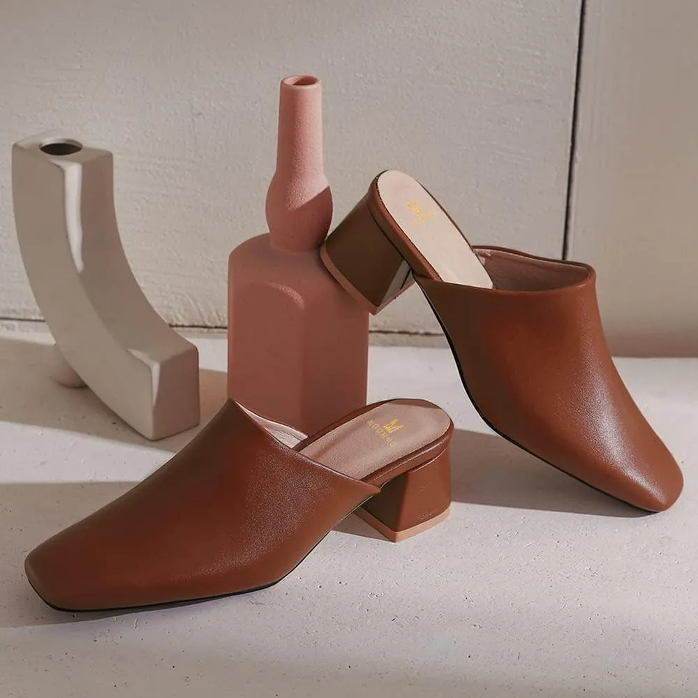MOOMMO Women Chunky Heel Mules Closed Toe Square Toe Slip On Backless Pumps Mid Block Heel Office Casual Dress Shoes 5-17 US