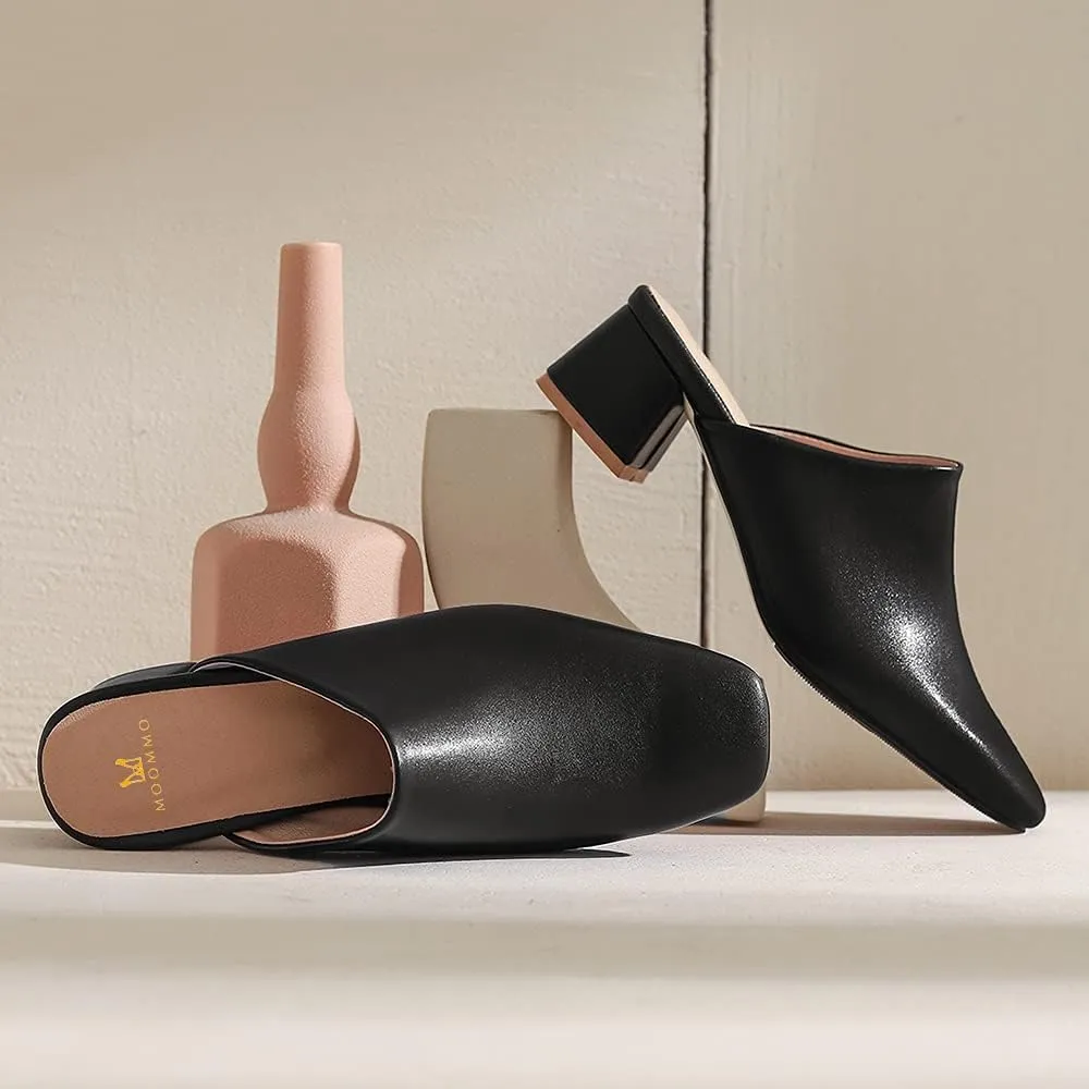 MOOMMO Women Chunky Heel Mules Closed Toe Square Toe Slip On Backless Pumps Mid Block Heel Office Casual Dress Shoes 5-17 US