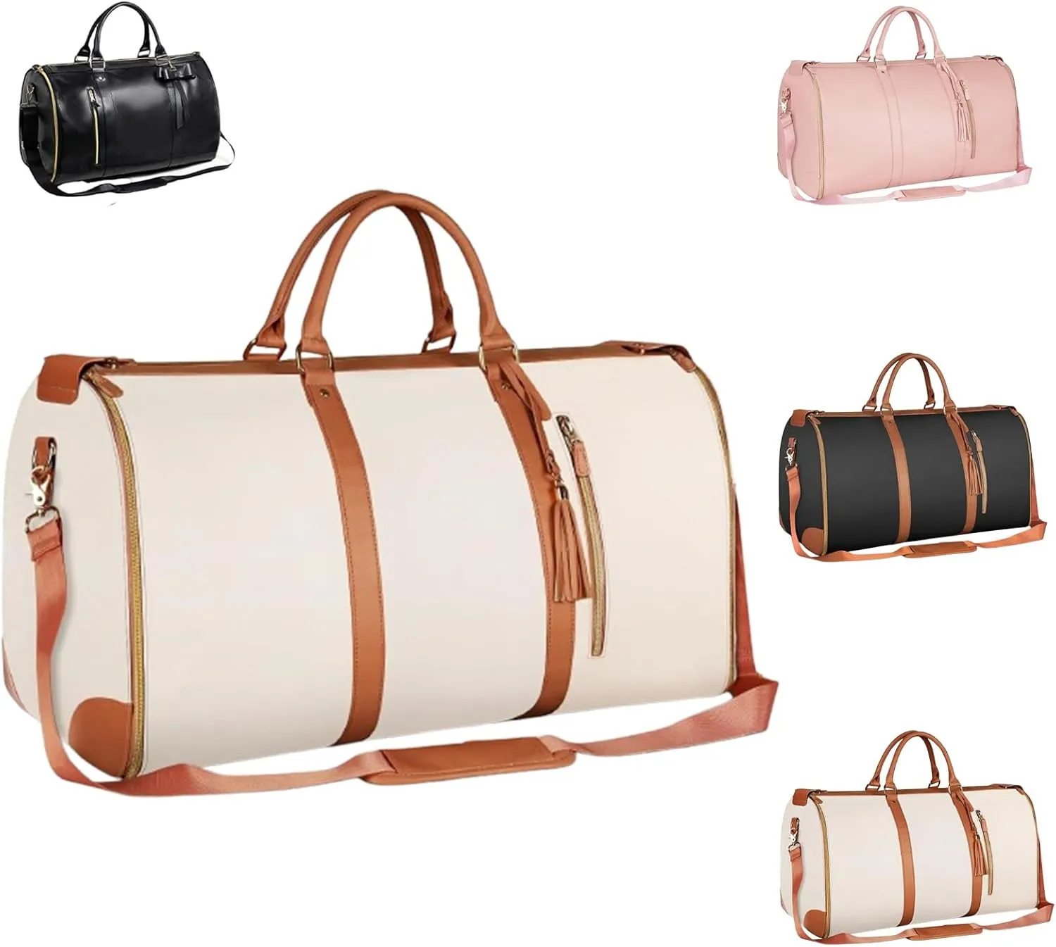 Myjennibag Travel Bag with Wheels, Luxe Travel Bags for Women,2 In 1 Convertible Large Pu Leather Bag,Convertible Carry On Garment Bag with Shoe Pouch (Beige)