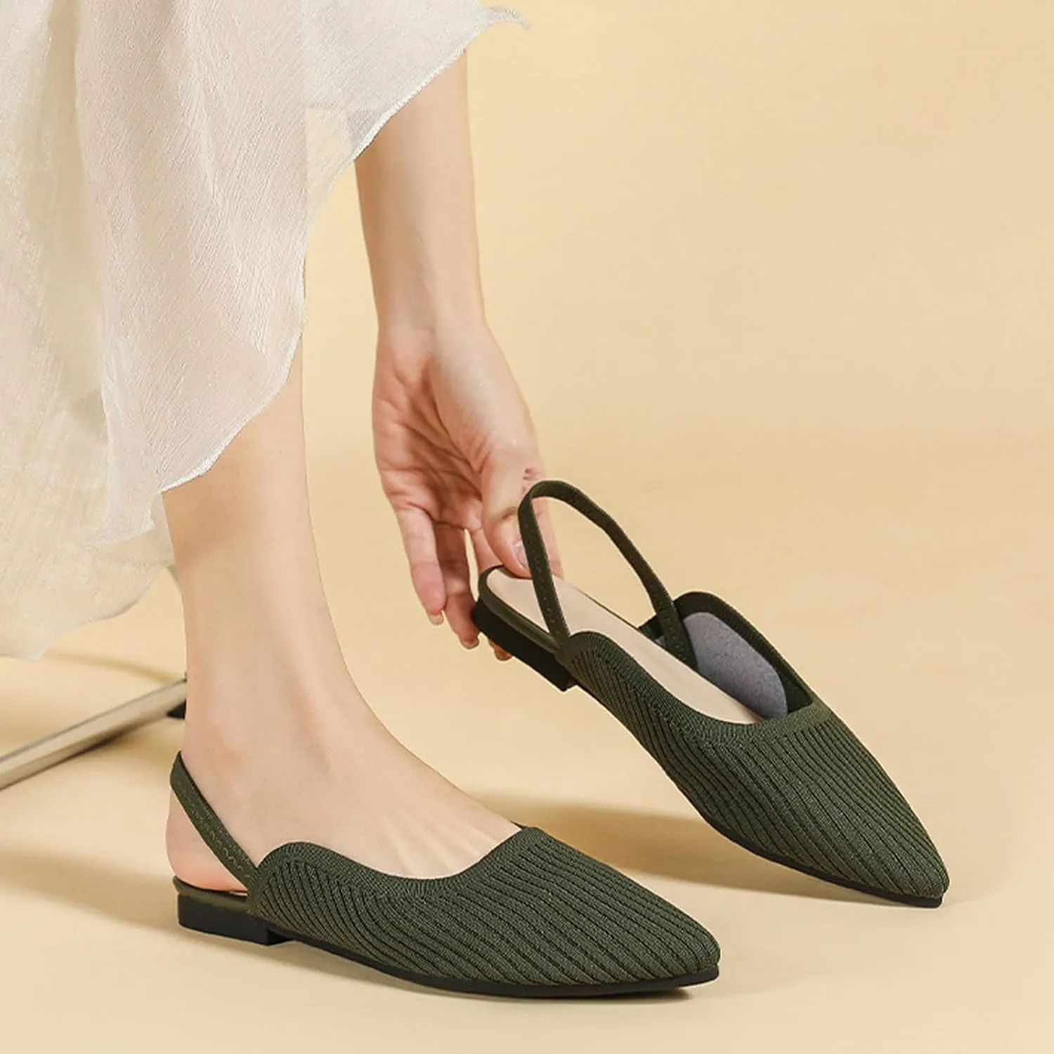 NELSBREXWomen'S Knit Closed Pointed Toe Flat Slip-On Mules Sandals Sexy Breathable Comfort Soft Sole Slingback Flat Shoes with Ankle Strap Casual Formal Work Dress Shoes