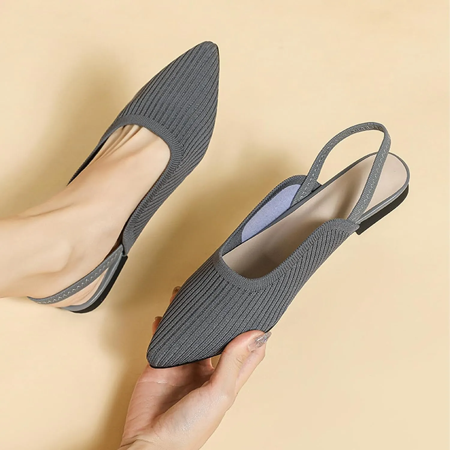 NELSBREXWomen'S Knit Closed Pointed Toe Flat Slip-On Mules Sandals Sexy Breathable Comfort Soft Sole Slingback Flat Shoes with Ankle Strap Casual Formal Work Dress Shoes