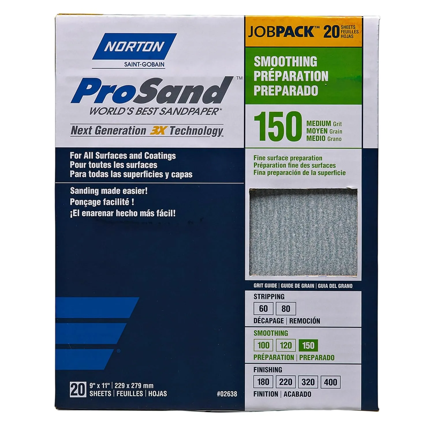 Norton 9" x 11", 3X Job Pack, 20 Sheets, 150 Grit Aluminum Oxide Sandpaper
