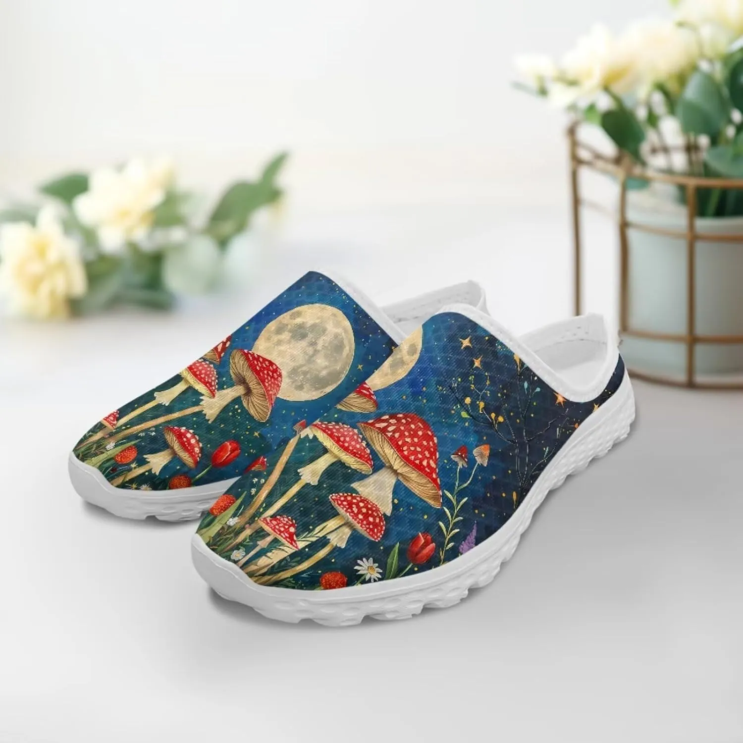 Novelty Mushrooms Women's Slip On Mule Sneakers Anti-Slip Walking Shoes with Elastic Thick Sole for Outdoor Indoor