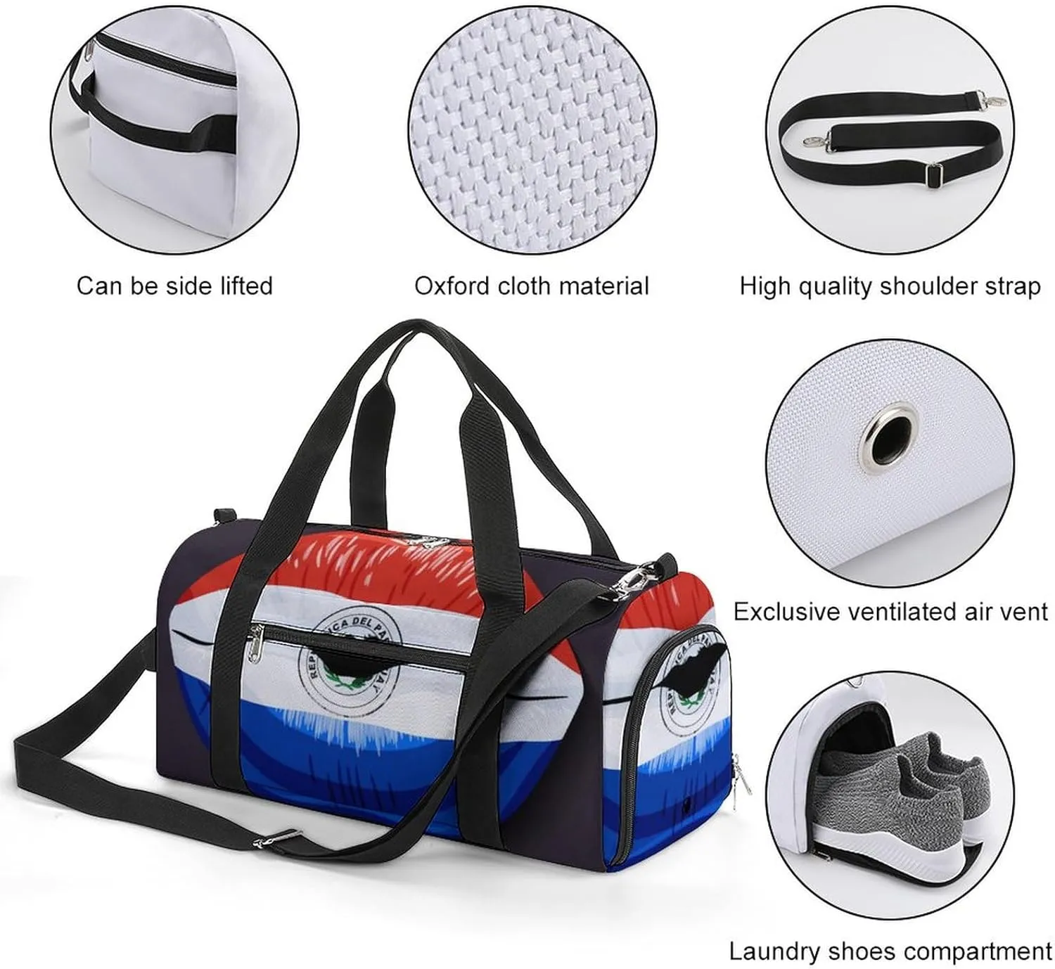 Paraguay Flag Lips Duffel Bag for Men Women with Shoe Compartment Lightweight Gym Bag