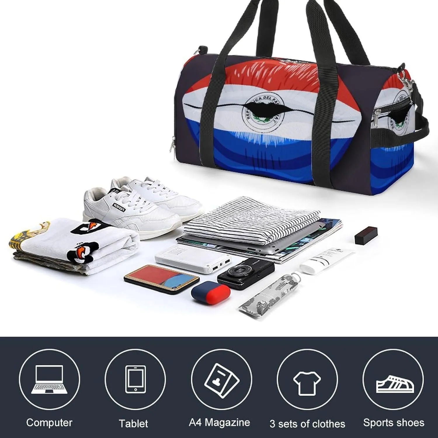 Paraguay Flag Lips Duffel Bag for Men Women with Shoe Compartment Lightweight Gym Bag