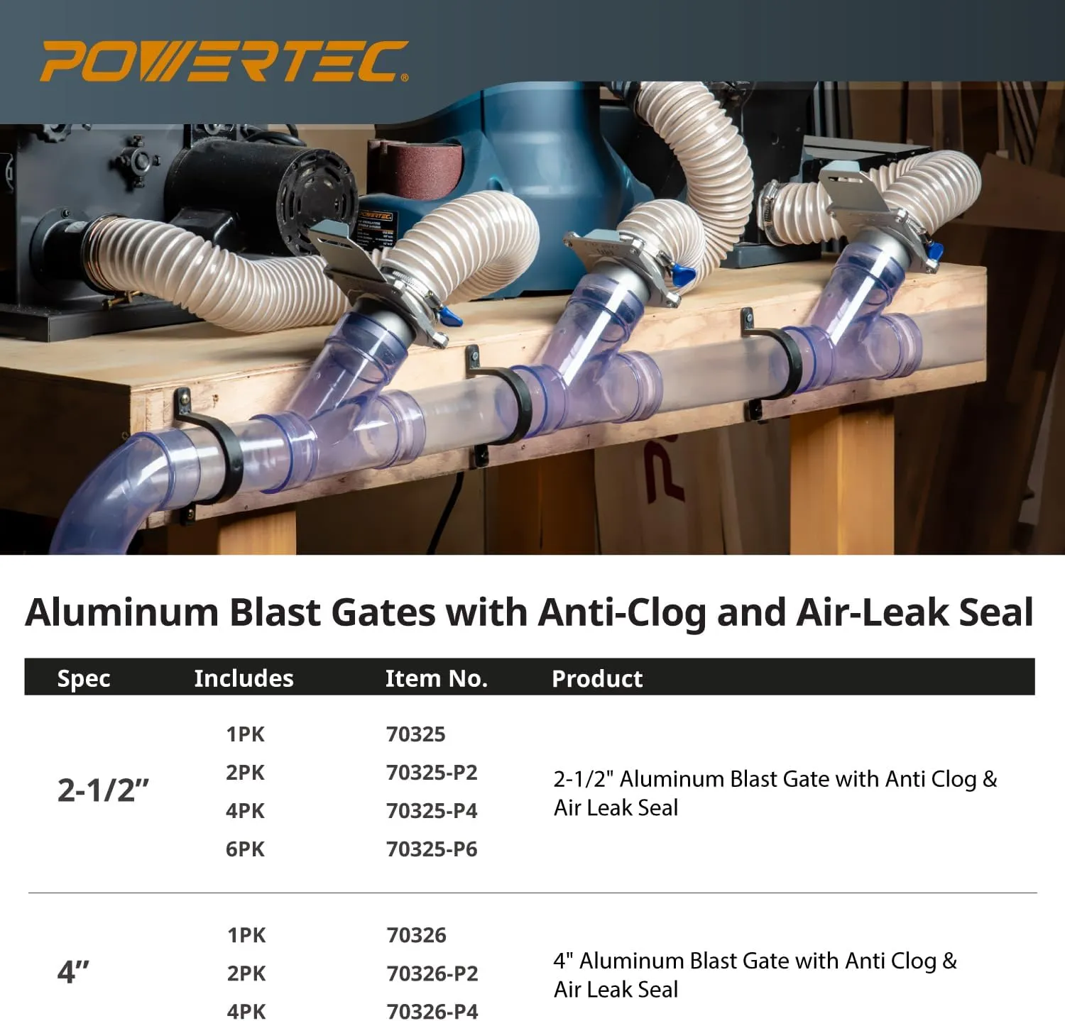 POWERTEC 70325 Blast Gate 2-1/2 Inch, w/Anti Clog and Air Leak Seal for Dust Collection