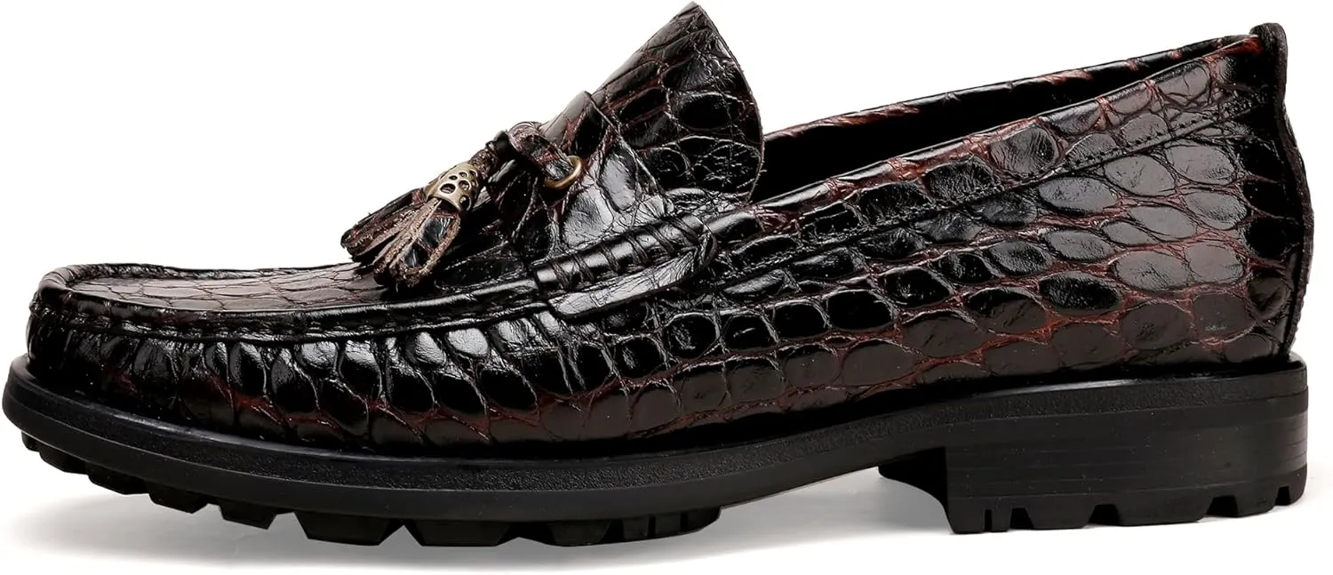 Premium Leather Tassel Loafer for Men, Classic Alligator Printed Thick Sole Dress Loafers Shoes for Mens