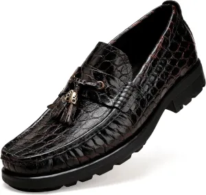 Premium Leather Tassel Loafer for Men, Classic Alligator Printed Thick Sole Dress Loafers Shoes for Mens