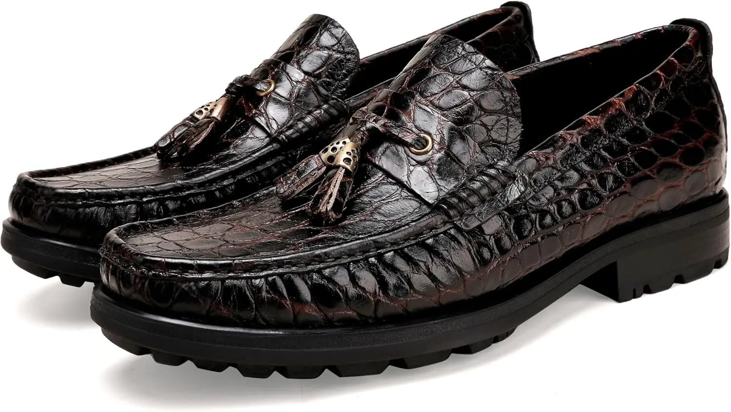 Premium Leather Tassel Loafer for Men, Classic Alligator Printed Thick Sole Dress Loafers Shoes for Mens
