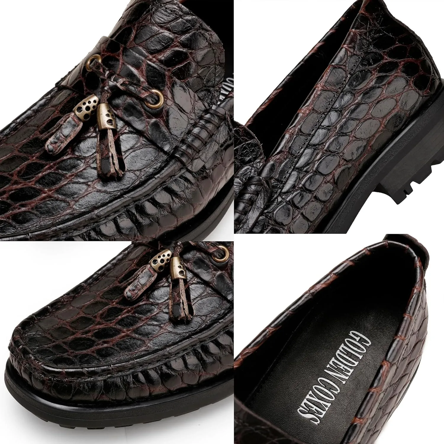 Premium Leather Tassel Loafer for Men, Classic Alligator Printed Thick Sole Dress Loafers Shoes for Mens