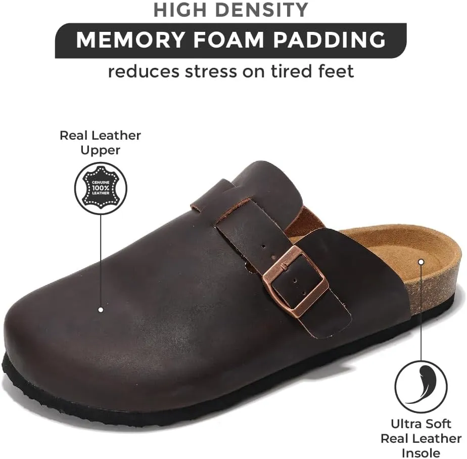 Project Cloud Mens Clogs - Full Grain Genuine Leather Memory Foam Clogs for Men Arch Support Cork Footbed - Non Slip Platform Mules (Brooklyn)