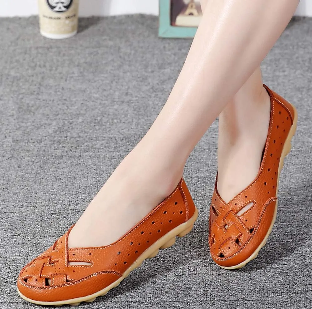 Rojeam Women's Casual Leather Moccasins Slip-on Loafers Boat Shoes Flats Driving Shoes Sandals