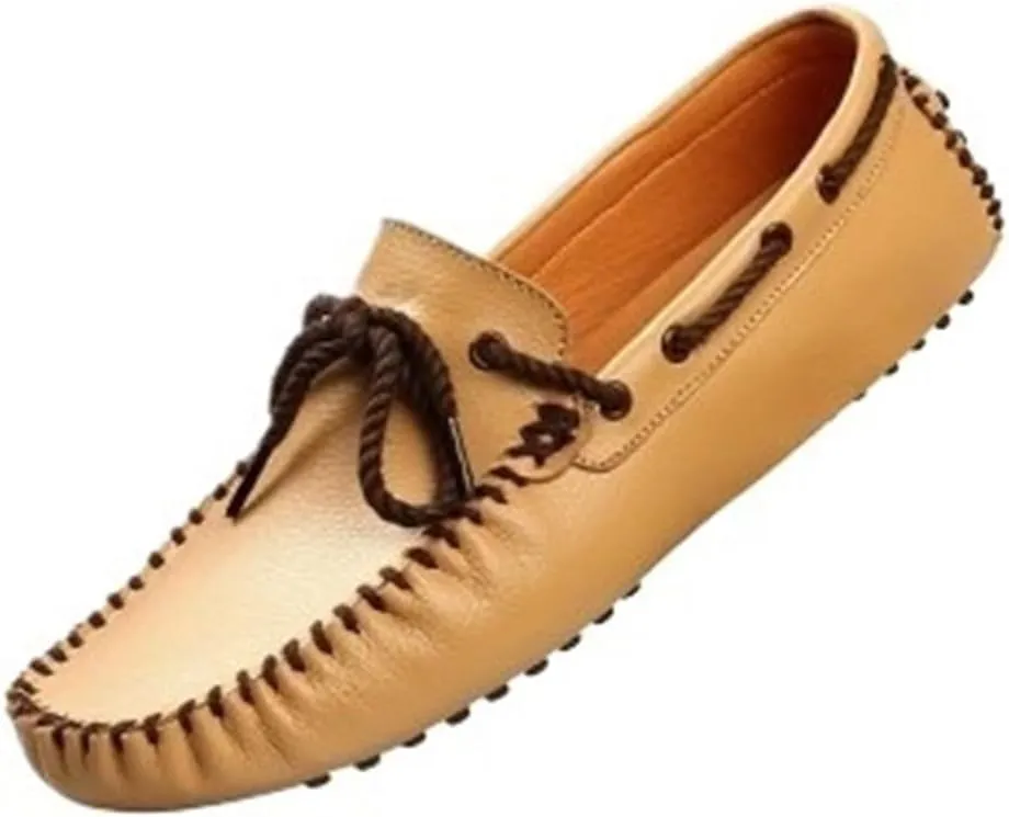 Round Toe Genuine Leather Mens Loafers Shoe Anti-Slip Lightweight Comfortable Flexible Classic Slip On