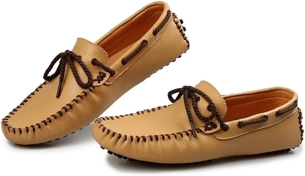Round Toe Genuine Leather Mens Loafers Shoe Anti-Slip Lightweight Comfortable Flexible Classic Slip On