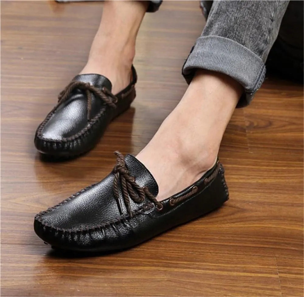 Round Toe Genuine Leather Mens Loafers Shoe Anti-Slip Lightweight Comfortable Flexible Classic Slip On