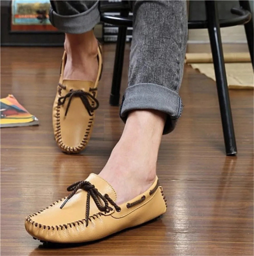 Round Toe Genuine Leather Mens Loafers Shoe Anti-Slip Lightweight Comfortable Flexible Classic Slip On