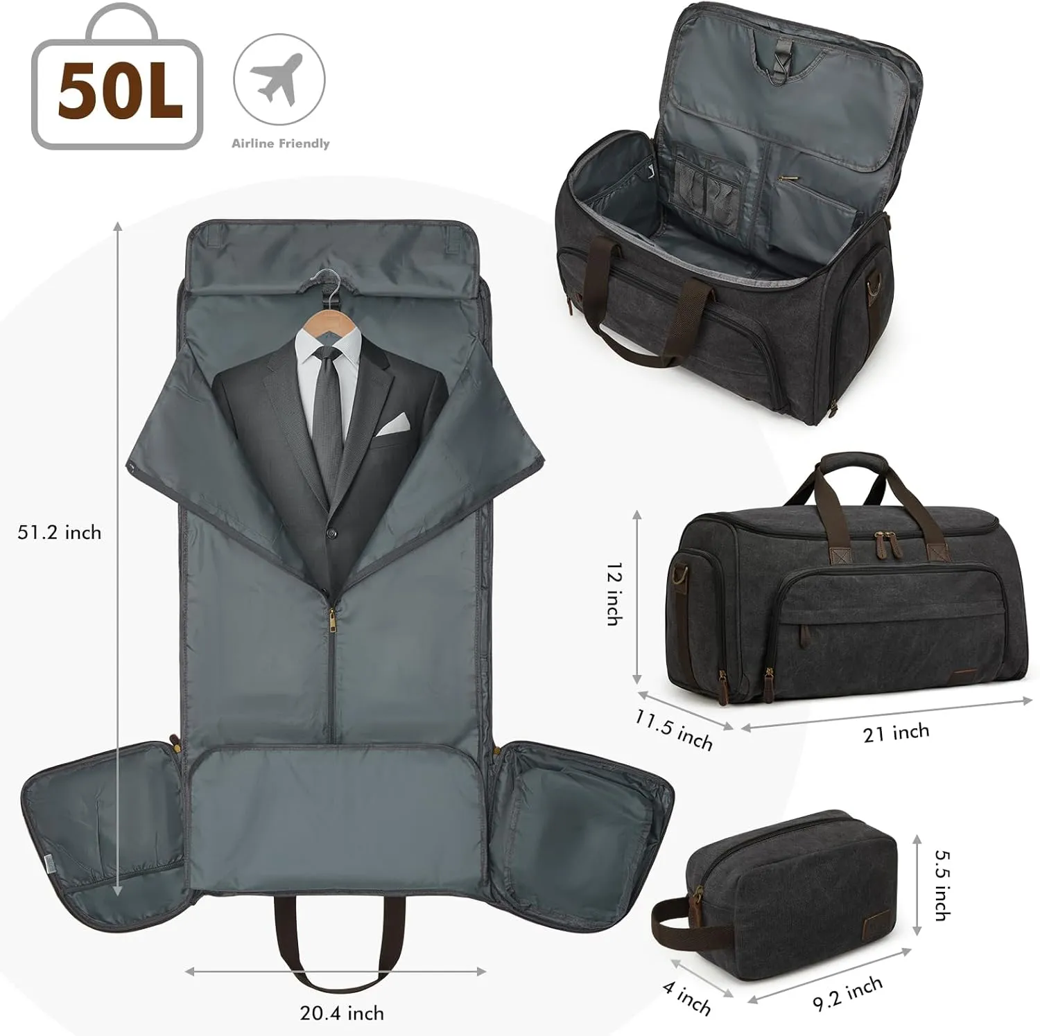 S-ZONE Carry On Garment Bag for Travel Convertible Garment Duffle Bag Suit Bags for Men Women Travel 2 in 1 Hanging Suitcase Business Travel Bag with Toiletry Bag, Black, 50l