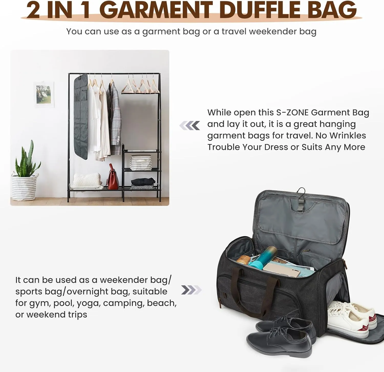 S-ZONE Carry On Garment Bag for Travel Convertible Garment Duffle Bag Suit Bags for Men Women Travel 2 in 1 Hanging Suitcase Business Travel Bag with Toiletry Bag, Black, 50l