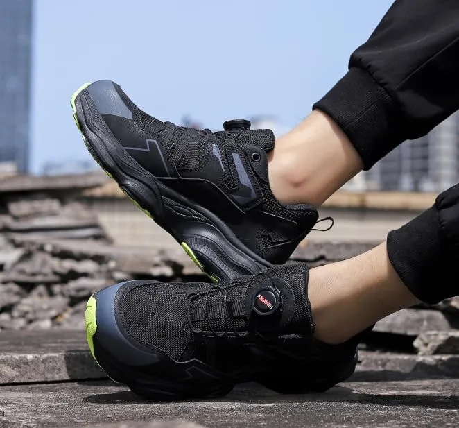 Safety Work Shoes with Steel Toe, Air Cushion Sole, Black/Yellow, Breathable Mesh