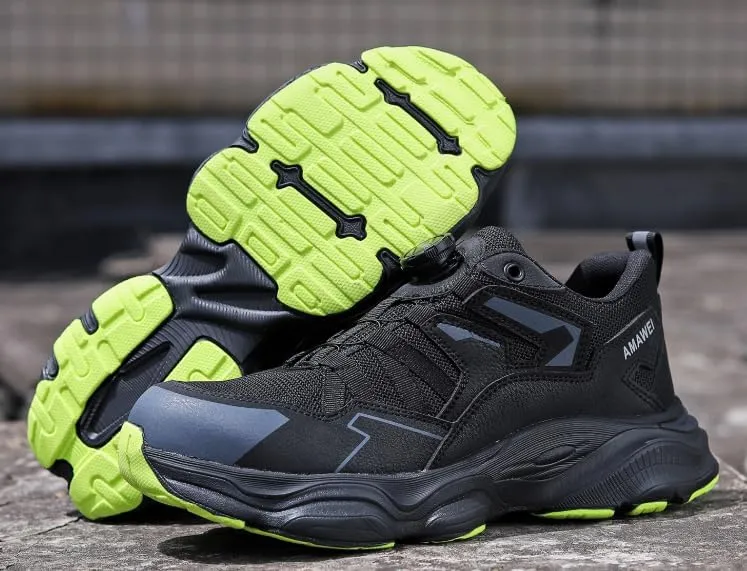 Safety Work Shoes with Steel Toe, Air Cushion Sole, Black/Yellow, Breathable Mesh