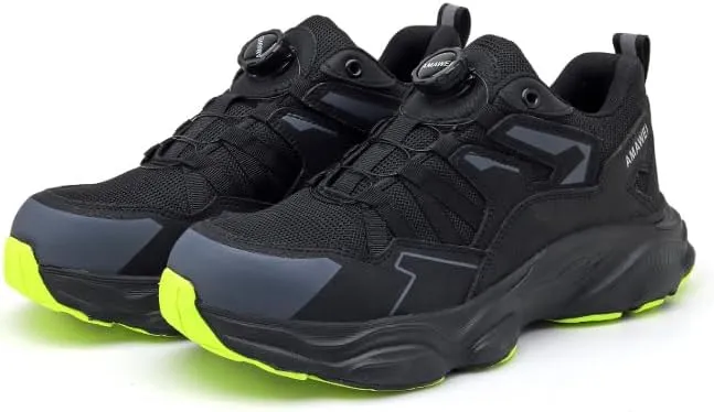Safety Work Shoes with Steel Toe, Air Cushion Sole, Black/Yellow, Breathable Mesh