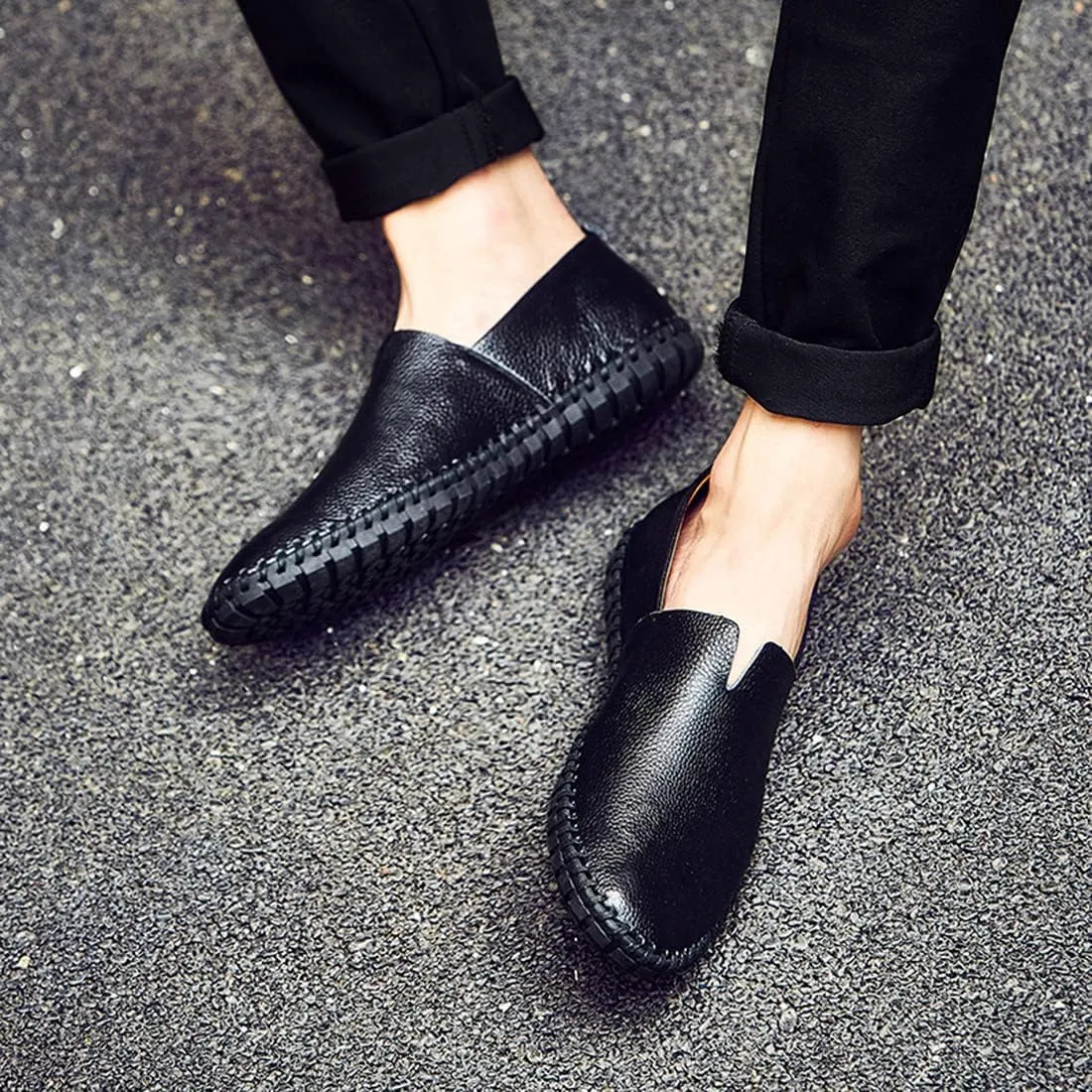 Santimon Men's Leather Espadrille Slip-On Plain Toe Casual Dress Loafer Shoes
