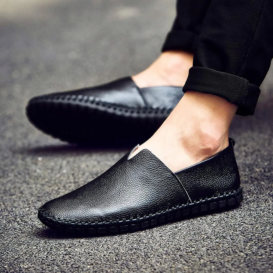 Santimon Men's Leather Espadrille Slip-On Plain Toe Casual Dress Loafer Shoes
