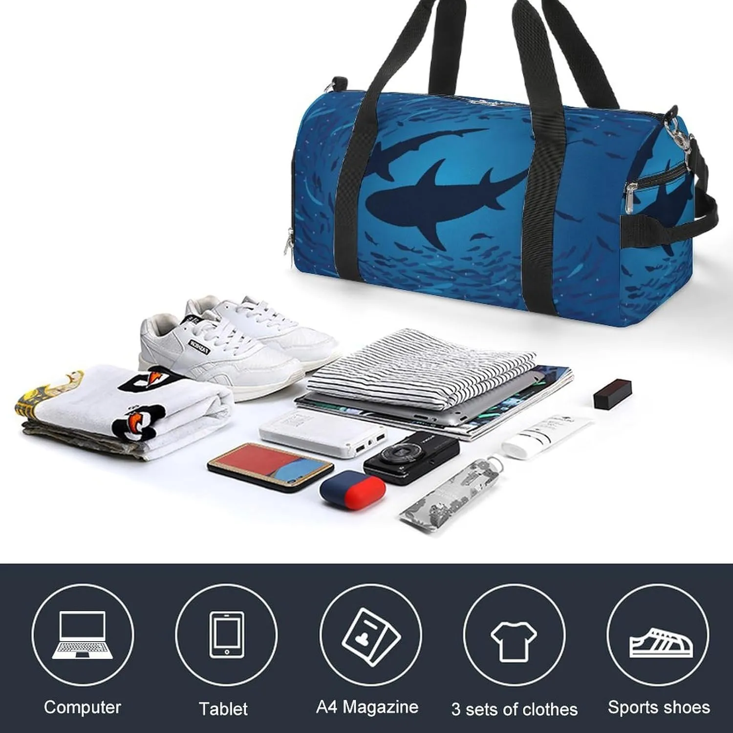 Shark Print Duffel with Shoe Compartment Lightweight Gym Bag for Women Men