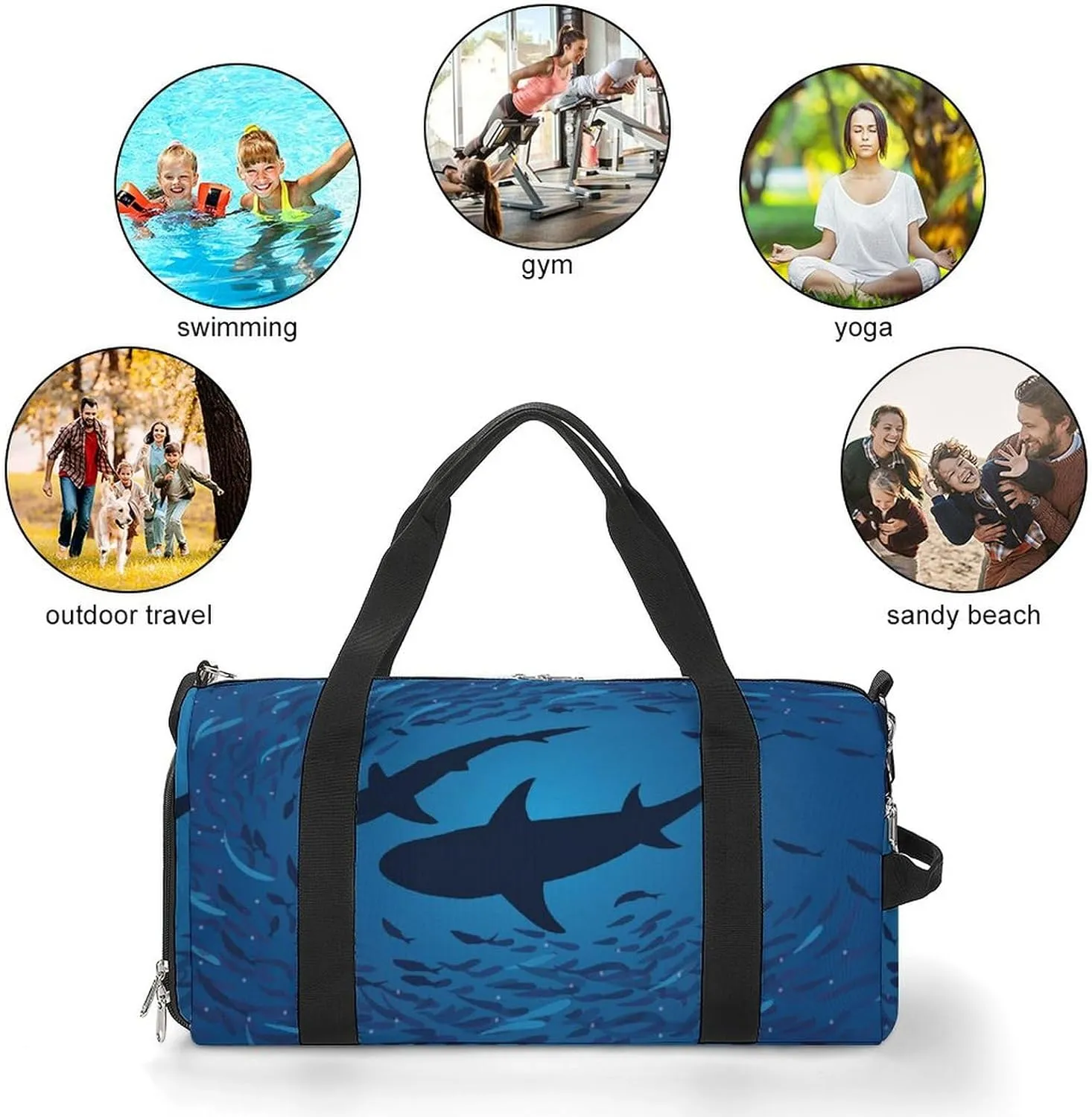Shark Print Duffel with Shoe Compartment Lightweight Gym Bag for Women Men