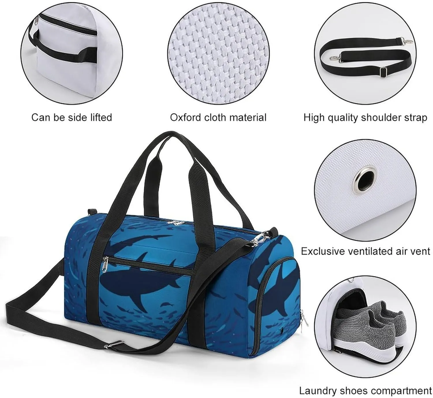 Shark Print Duffel with Shoe Compartment Lightweight Gym Bag for Women Men