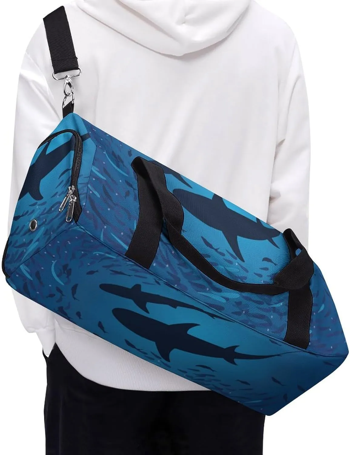 Shark Print Duffel with Shoe Compartment Lightweight Gym Bag for Women Men