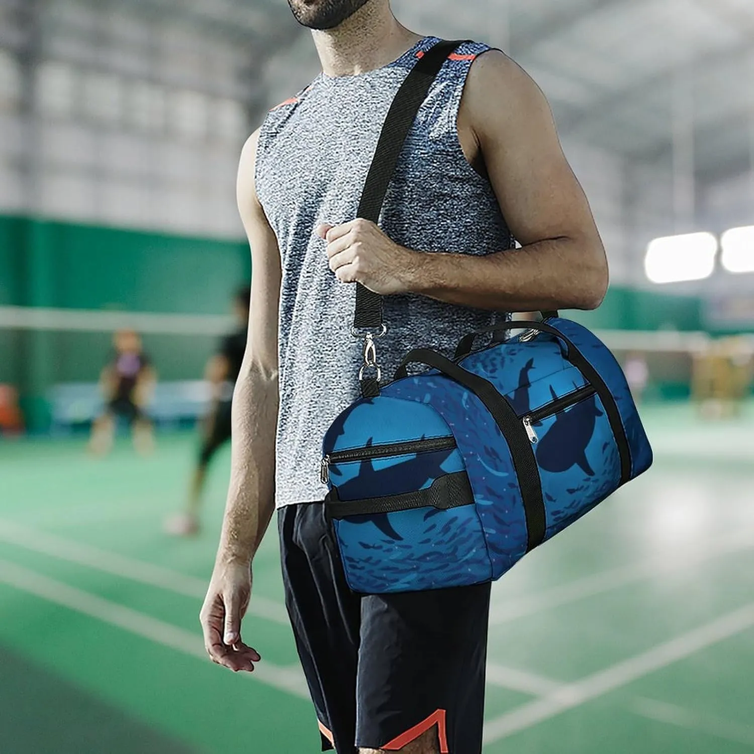 Shark Print Duffel with Shoe Compartment Lightweight Gym Bag for Women Men