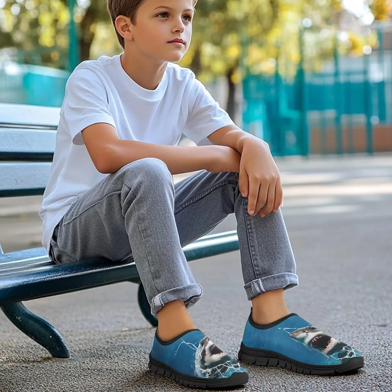 Shark Shoes for Boys Breathable Mesh Walking Sneakers Casual Flats Lightweight Slip on Tennis Shoe