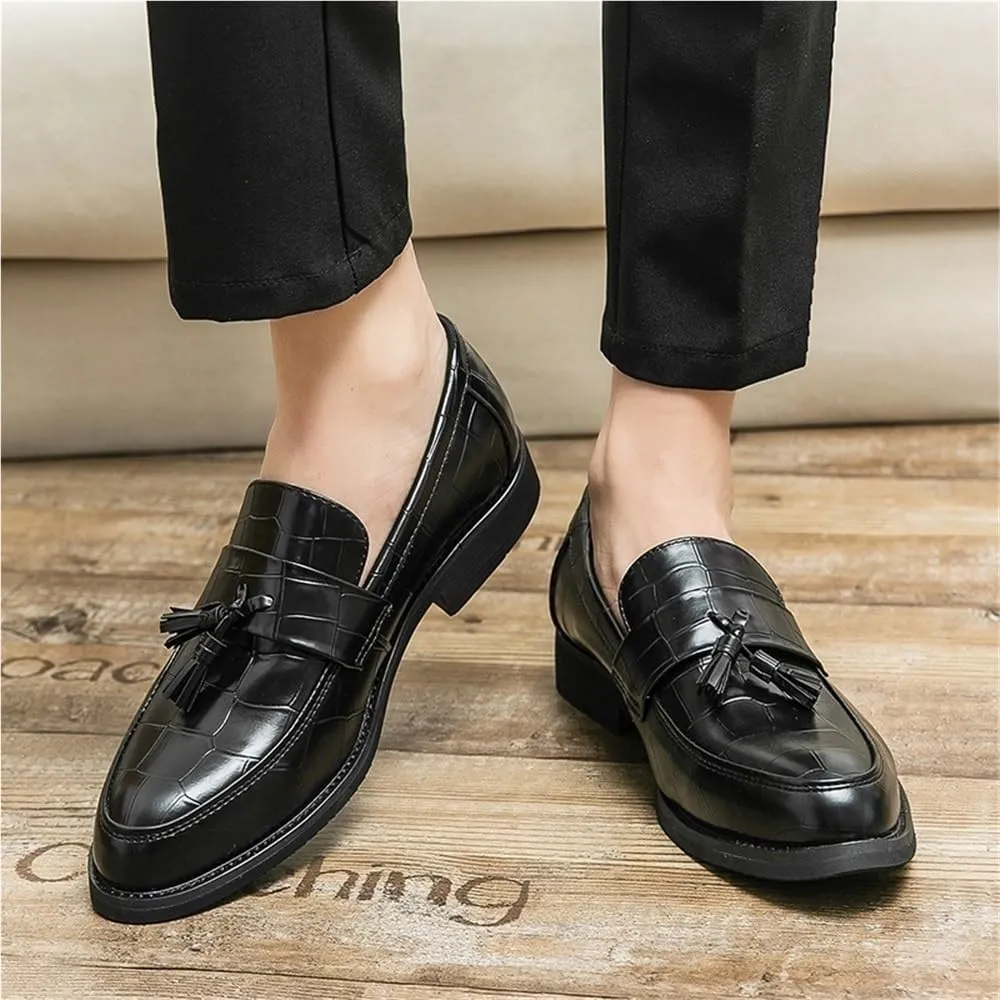 Slip Resistant Comfortable Lightweight Men's Loafers Shoes Pointed Toe Block Pattern with Tassel Loafer