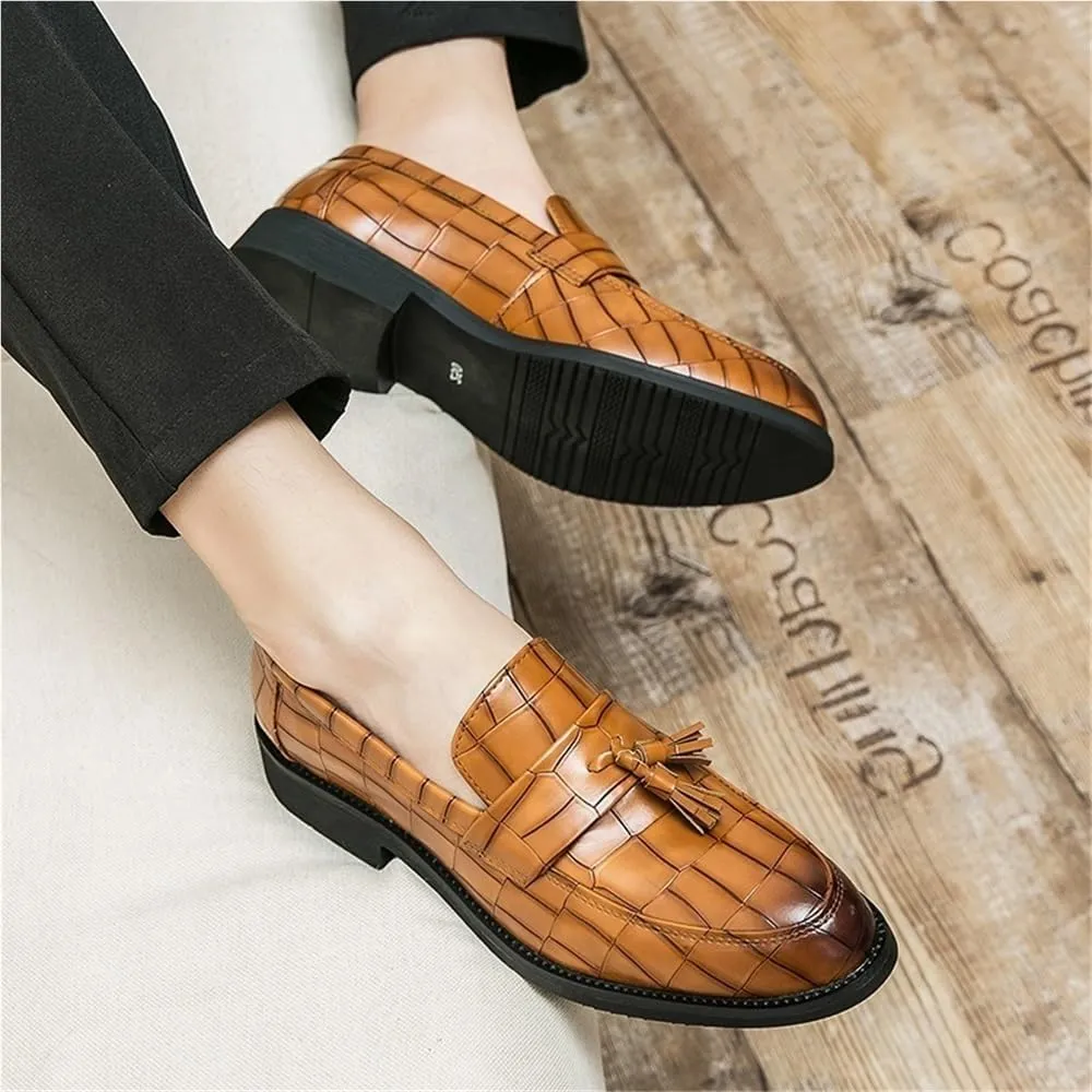 Slip Resistant Comfortable Lightweight Men's Loafers Shoes Pointed Toe Block Pattern with Tassel Loafer