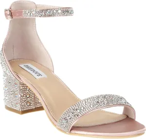 Sparkly Sandals Women Rhinestone Heels Wedding Shoes for Bride Low Block Strappy Heels Gold Glitter