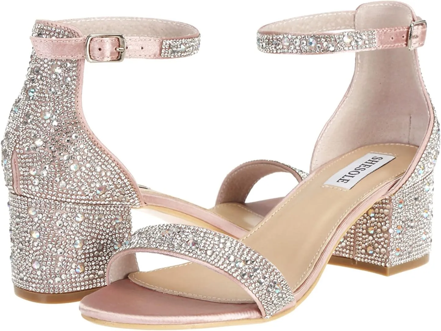 Sparkly Sandals Women Rhinestone Heels Wedding Shoes for Bride Low Block Strappy Heels Gold Glitter