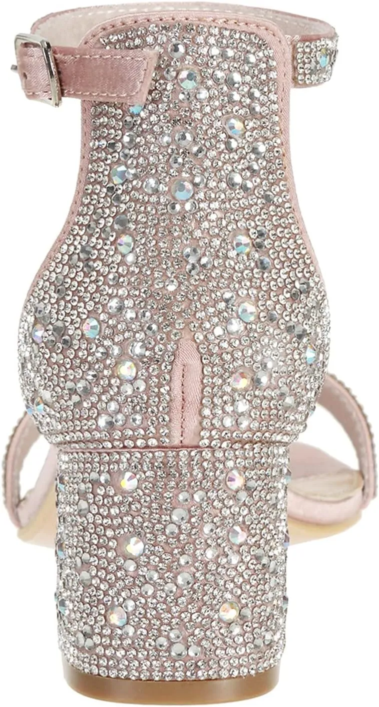 Sparkly Sandals Women Rhinestone Heels Wedding Shoes for Bride Low Block Strappy Heels Gold Glitter