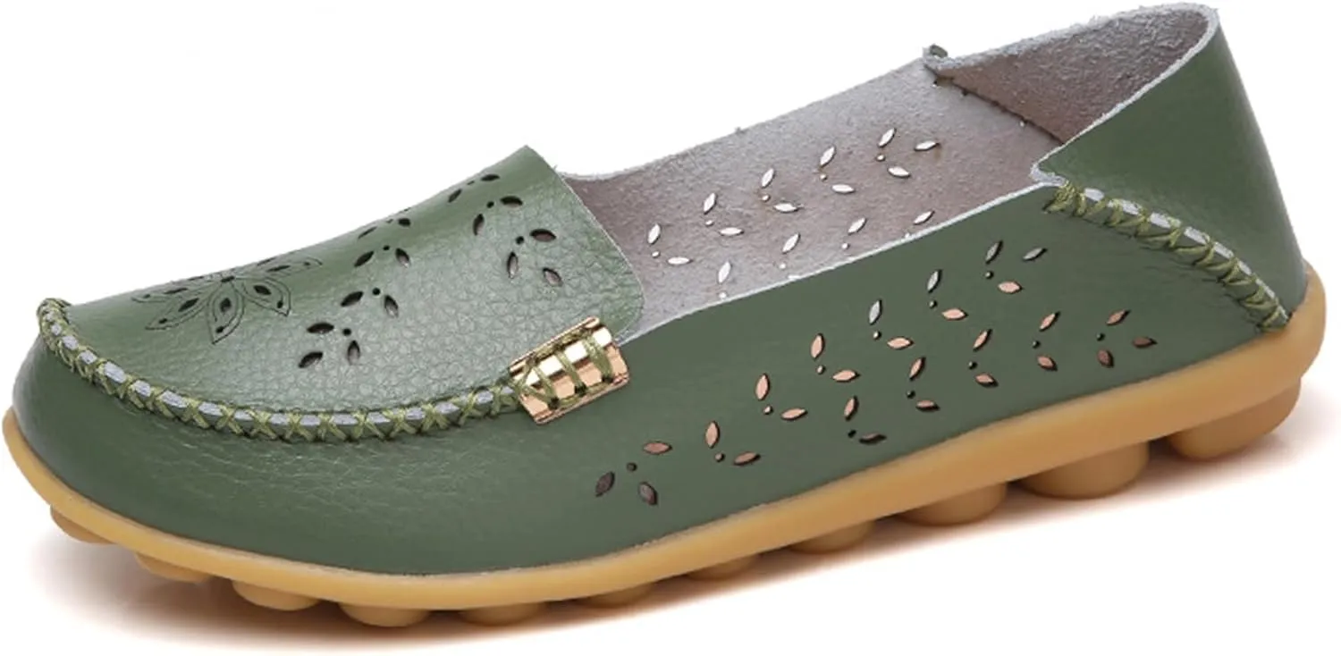 Sunporx Women's Driving Loafers Leather Comfortable Moccasins Breathable Slip On Nurse Loafer Round Toe Wild Walking Fashion Soft Shoes