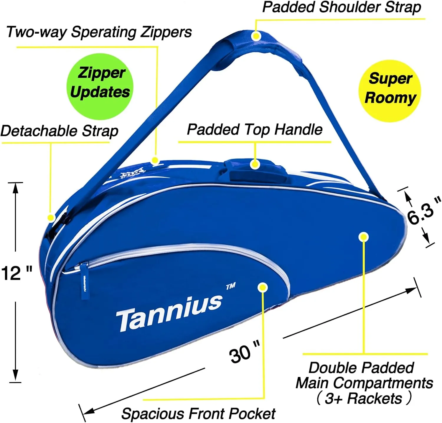 Tennis Racket Bag (3-5 Racquet), with Shoe & Phone Compartment and Protective Pad, Super Roomy and Lightweight Racquet Bag for Tennis, Badminton