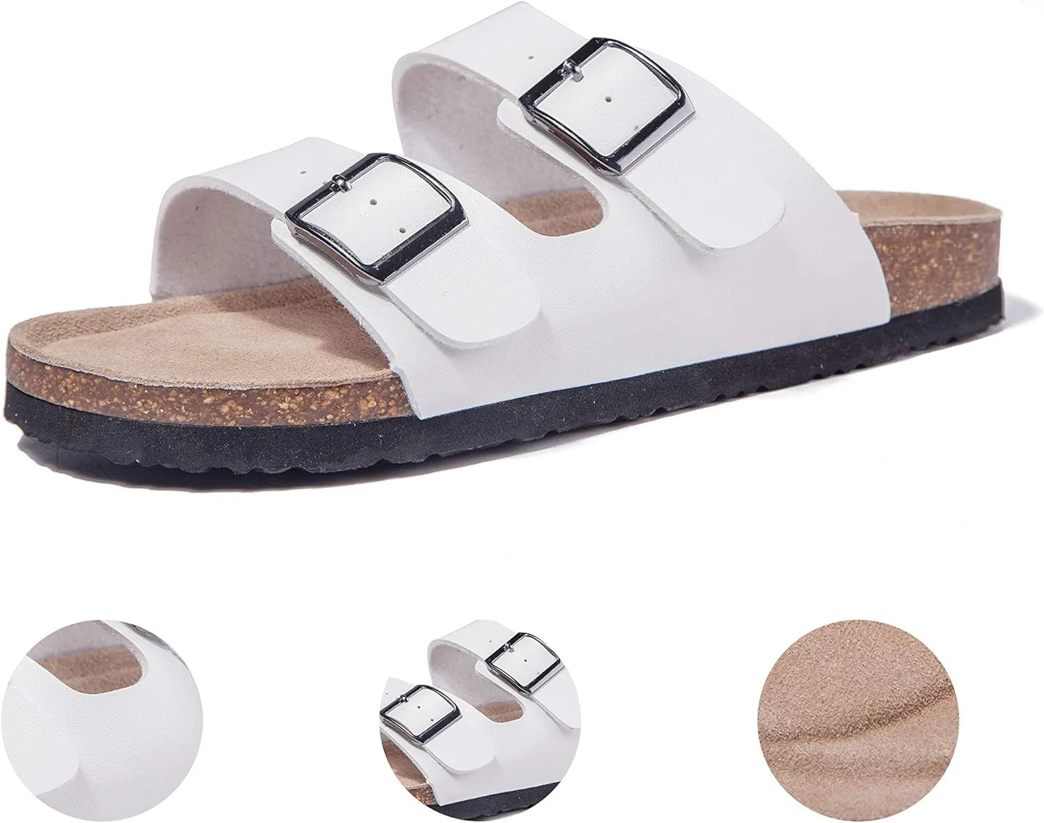 TF STAR Women 2-Strap Adjustable Buckle, Flat Casual Cork Slide Sandals,Slide Cork Footbed Sandals for Women