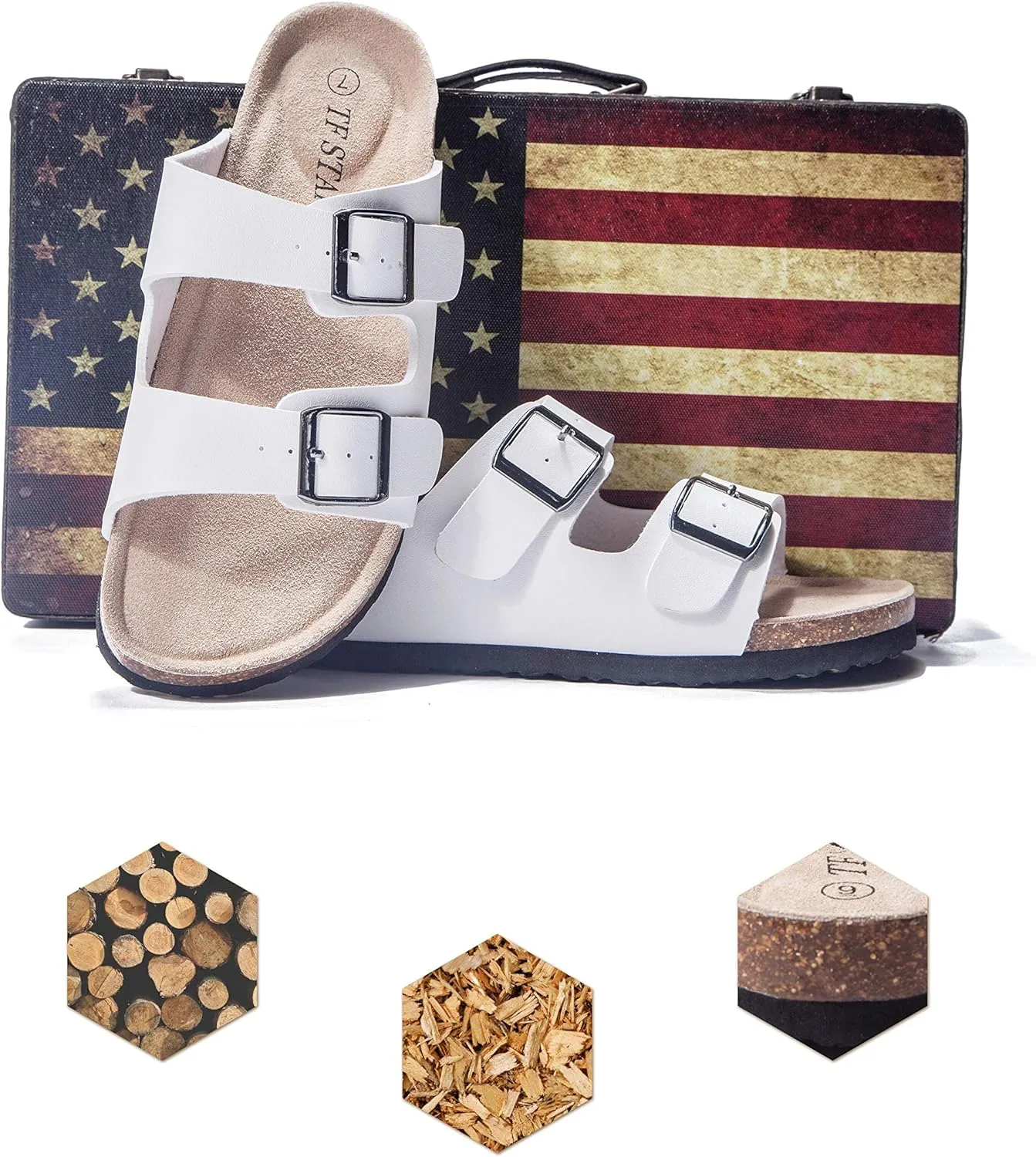 TF STAR Women 2-Strap Adjustable Buckle, Flat Casual Cork Slide Sandals,Slide Cork Footbed Sandals for Women